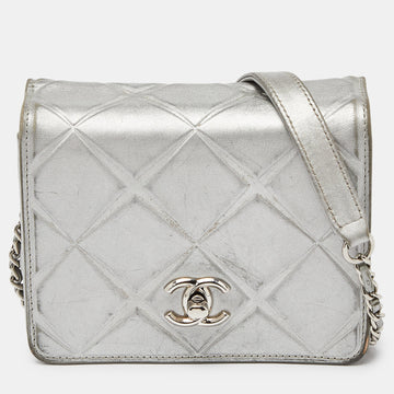 CHANEL Silver Leather Mini Propeller Flap Bag