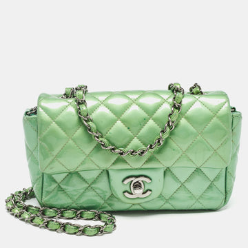 CHANEL Green Quilted Patent Leather New Mini Classic Flap Bag