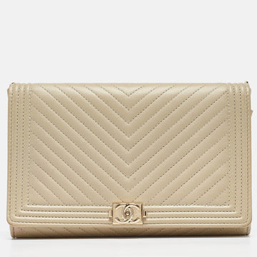 CHANEL Cream Quilted Leather Boy Wallet On Chain