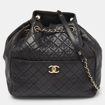 CHANEL Black Quilted Leather CC Lock Drawstring Bucket Bag