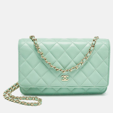 CHANEL Light Green Quilted Leather CC Wallet on Chain