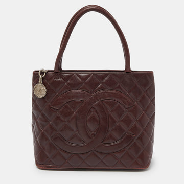 CHANEL Burgundy Quilted Caviar Leather Medallion Tote