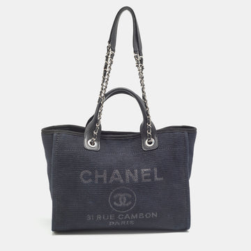 CHANEL Navy Blue/Black Canvas Small Deauville Tote