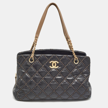 CHANEL Black/Beige Quilted Leather Paris Dallas Chic Stitch Bag