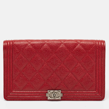 CHANEL Dark Red Quilted Caviar Leather Boy Yen Wallet