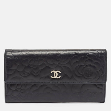 CHANEL Black Camellia Embossed Leather Large Flap Wallet