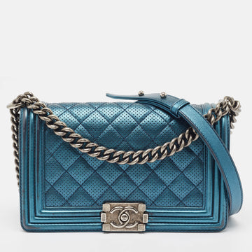 CHANEL Metallic Blue Perforated Quilted Leather Medium Boy Flap Bag