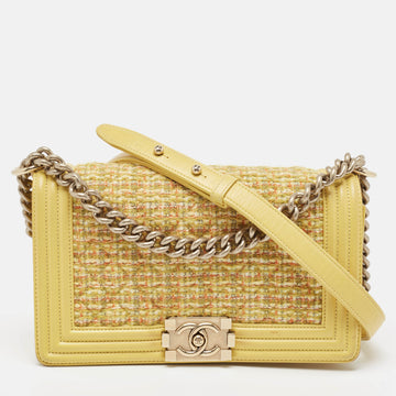 CHANEL Yellow Quilted Tweed and Leather Medium Boy Flap Bag