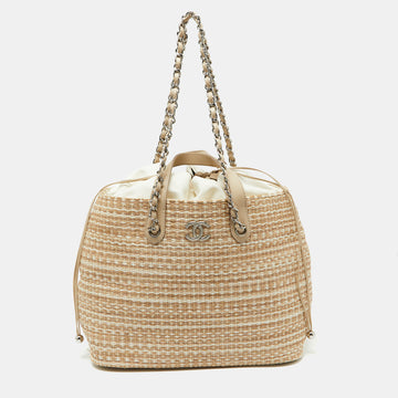 CHANEL Beige Woven Straw and Leather Shopping Tote
