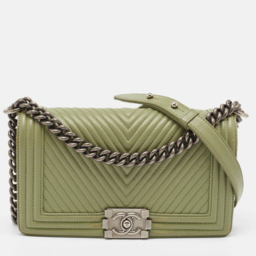 CHANEL Green Chevron Leather Medium Boy Flap Bag