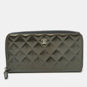 CHANEL Olive Green Quilted Patent Leather Classic Zip Around Wallet