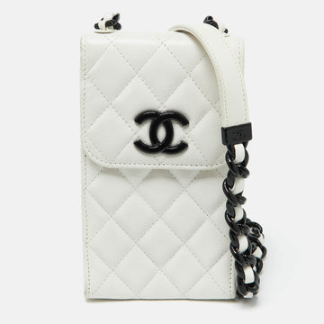 CHANEL White Quilted Caviar Leather Phone Holder Crossbody Bag
