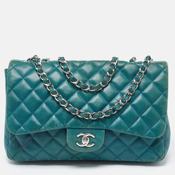 CHANEL Green Quilted Leather Jumbo Classic Double Flap Bag