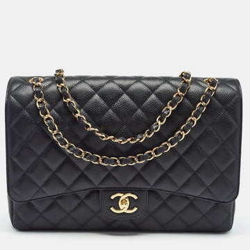 CHANEL Black Quilted Caviar Leather Maxi Classic Double Flap Bag