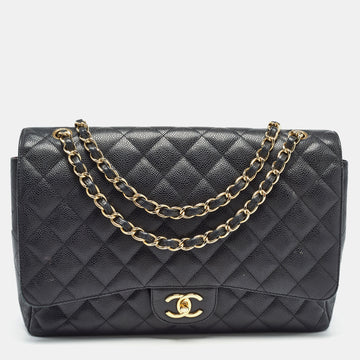 CHANEL Black Quilted Caviar Leather Maxi Classic Double Flap Bag