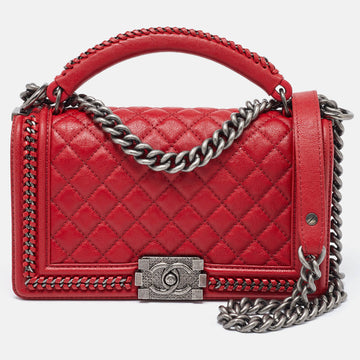 CHANEL Red Quilted Leather Medium Chain Around Boy Flap Bag