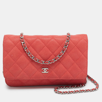 CHANEL Coral Pink Quilted Caviar Leather CC Flap Wallet on Chain