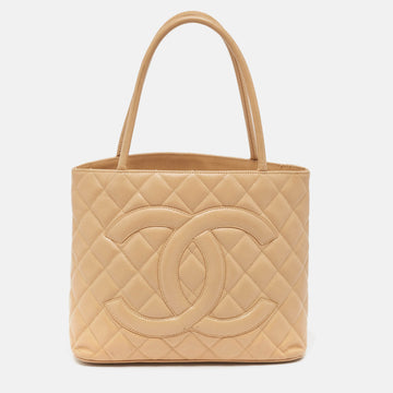 CHANEL Beige Quilted Caviar Leather Medallion Tote