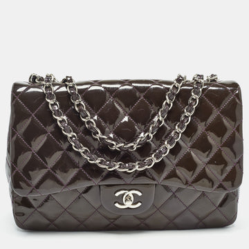 CHANEL Plum Quilted Patent Leather Jumbo Classic Single Flap Bag