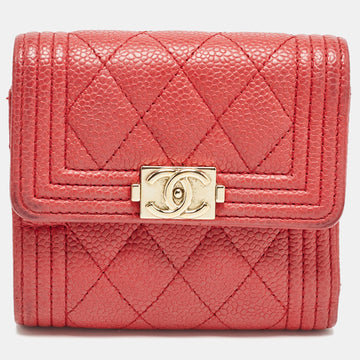 CHANEL Red Quilted Caviar Leather Boy Compact Wallet