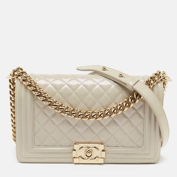 CHANEL Pearl White Quilted Patent Leather Medium Boy Flap Bag