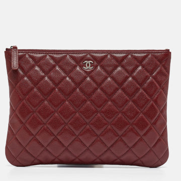 CHANEL Red Quilted Caviar Leather Medium O-Case Zip Pouch