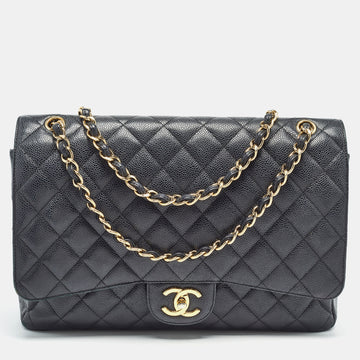 CHANEL Black Quilted Caviar Leather Maxi Classic Double Flap Bag