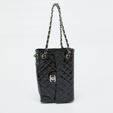 CHANEL Black Quilted Patent Leather Sideways Flap Shoulder Bag