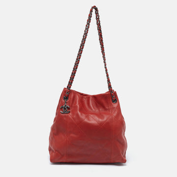 CHANEL Red Quilted Leather Small Soft Touch Tote