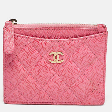 CHANEL Pink Quilted Caviar Leather CC Zip Card Holder