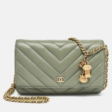 CHANEL Light Green Quilted Leather CC Wallet on Chain