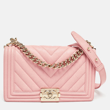 CHANEL Pink Chevron Caviar Leather Medium Boy Flap Bag