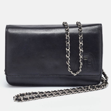 CHANEL Black Leather CC Jacket Embossed Leather Wallet on Chain