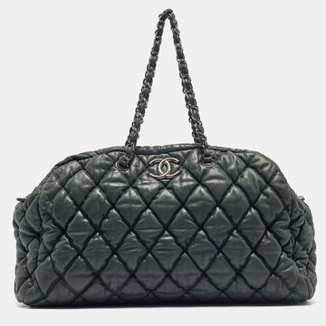 CHANEL Dark Green Black Bubble Quilted Leather Bowler Bag