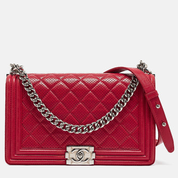 CHANEL Red Quilted Perforated Leather New Medium Boy Bag