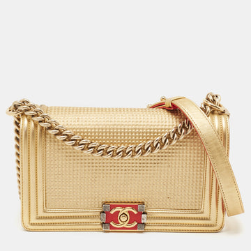 CHANEL Gold Woven Embossed Leather Medium Boy Flap Bag