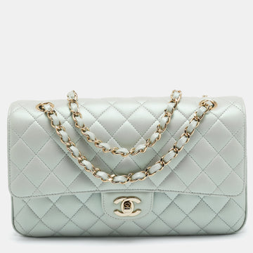 CHANEL Green Iridescent Quilted Leather Medium Classic Double Flap Bag