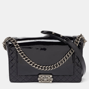 CHANEL Black Patent Leather New Medium Reverso Boy Flap Bag