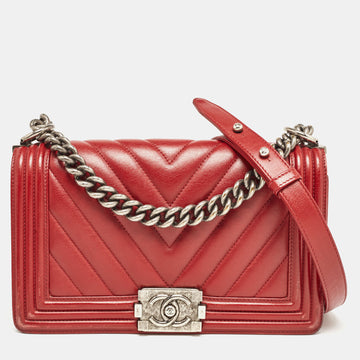 CHANEL Red Chevron Leather Medium Boy Bag