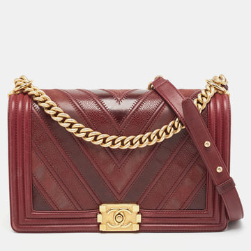 CHANEL Burgundy Chevron Caviar Leather and Leather New Medium Boy Bag