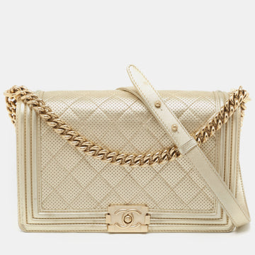 CHANEL Light Gold Perforated Leather New Medium Boy Flap Bag