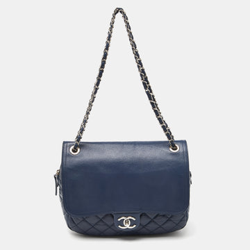 CHANEL Blue Quilted Aged Leather Flap Shoulder Bag