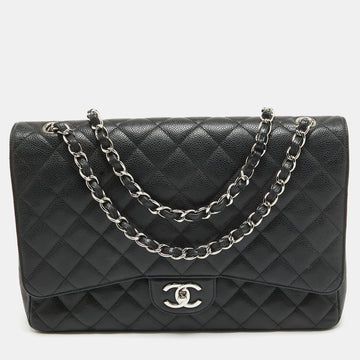 CHANEL Black Quilted Caviar Leather Maxi Classic Double Flap Bag