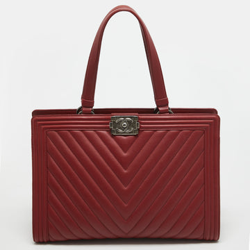 CHANEL Red Chevron Quilted Leather Large Boy Shopper Tote