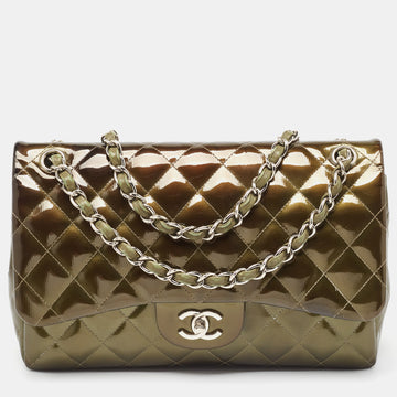 CHANEL Green Quilted Patent Leather Jumbo Classic Double Flap Bag