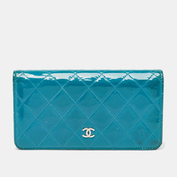 CHANEL Teal Quilted Patent Leather L Yen Wallet