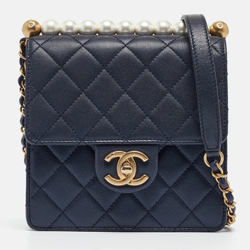 CHANEL Navy Blue Quilted Leather Chic Pearls Flap Bag