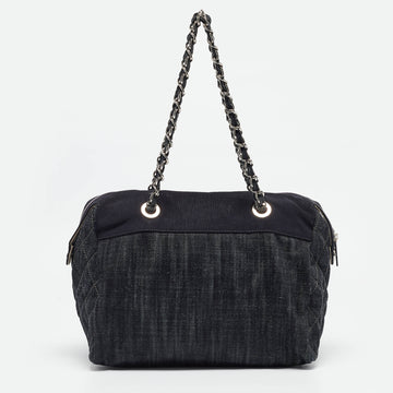 CHANEL Dark Blue Quilted Denim Bowler Bag