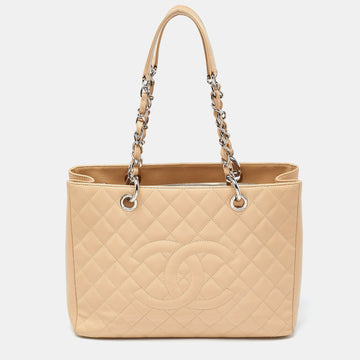 CHANEL Beige Quilted Caviar Leather Grand Shopper Tote