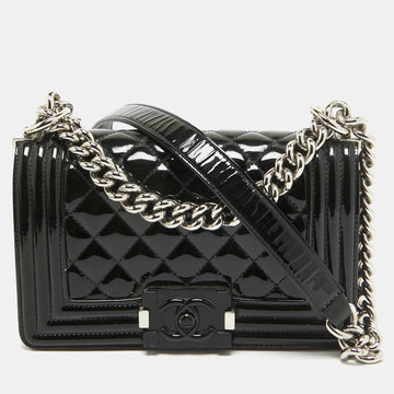 CHANEL Black Quilted Patent Leather Small Boy Flap Bag